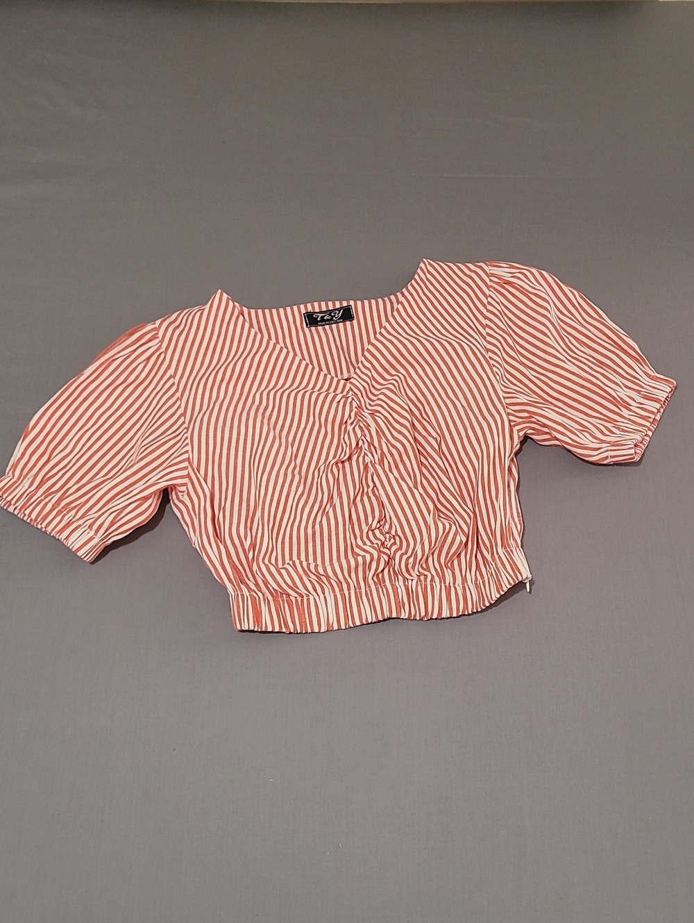 Striped Coral Ruched Crop Top with Puff Sleeves